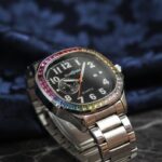 Luxury Rainbow Bezel Quartz Watch for Men – Black Dial Stainless Steel Strap