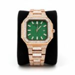 Luxury Gold Square Dial Watch with Green Glitter Dial & Diamond Frame